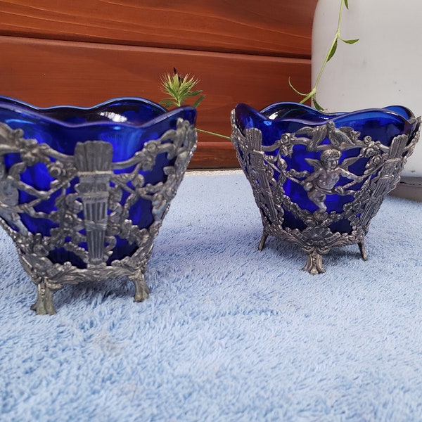 Salt Cellars, Sterling Silver Plated Cobalt Blue Bowls, 2 Beautiful Vintage Compote Dishes , Angels, Cherubs, Roses, Made in Japan,