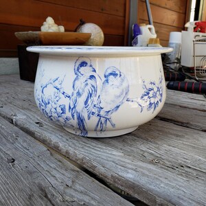 Antique Luneville Chamber Pot, French Country Blue Sparrow Jardiniere