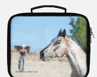 Appaloosa Horse and Cowgirl, photo on Lunch Box Tote Bag