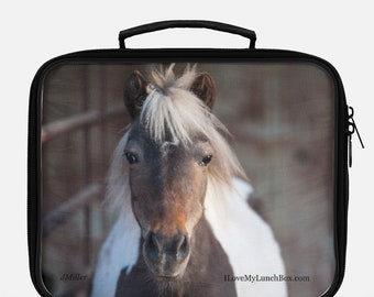 Cara de caballo en miniatura, foto en la lonchera Bolsa de tela