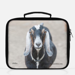 Brown and Beige Goat Face smiling, Photo on a Lunch Box Tote Bag
