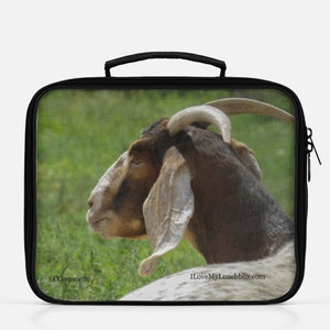 Brown and Beige Goat Face, Photo on a Lunch Box Tote Bag