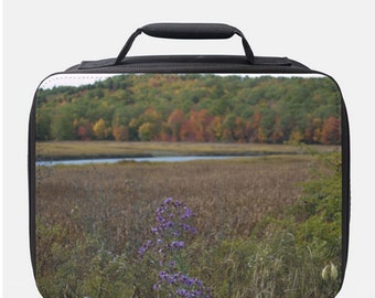 Purple Daisies and Fall, photo on Lunch Box Tote Bag