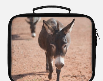 Miniature Donkey walking, photo on Lunch Box Tote Bag