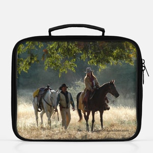 Cowboy en Cowgirl met paarden, foto op lunchbox draagtas