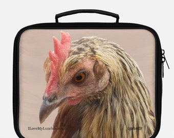 Chicken Face with red comb, photo on a Lunch Box Tote Bag