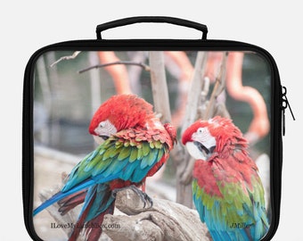 Two Colorful Macaw Parrots sitting on a branch, photo on a Lunch Box Tote Bag