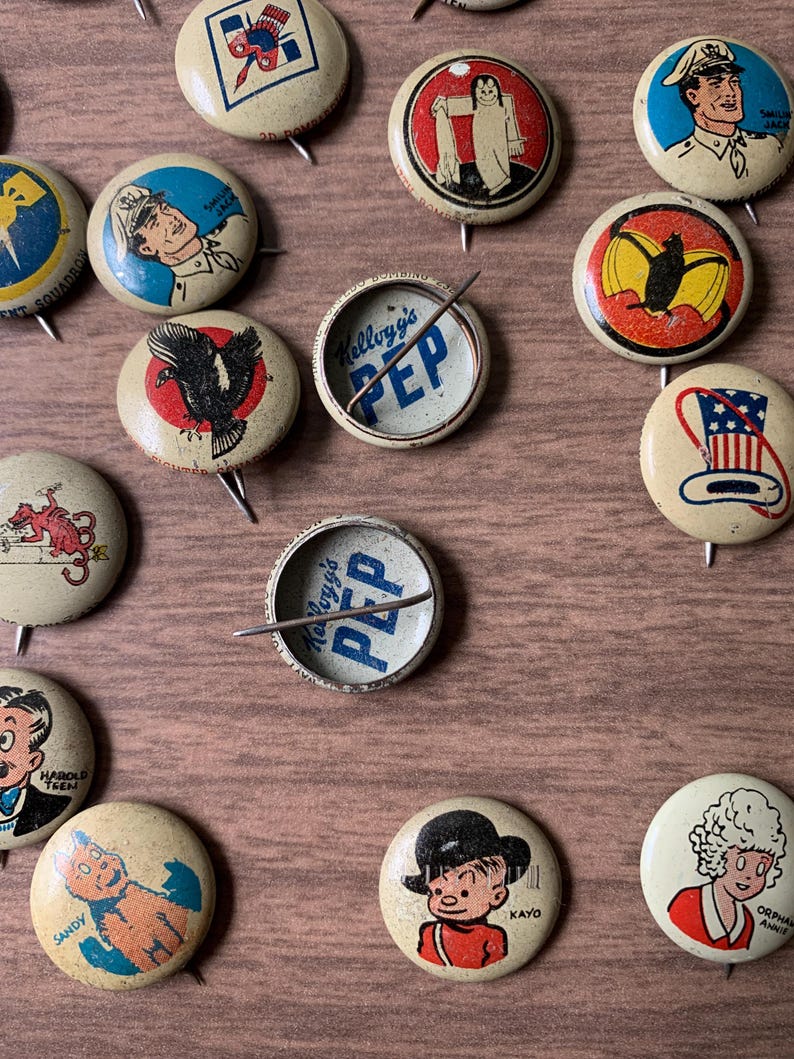 Pin Back Signs Pin Collection Vintage 1940's WWII Era Cartoon Military Pins PEP Cereal ...