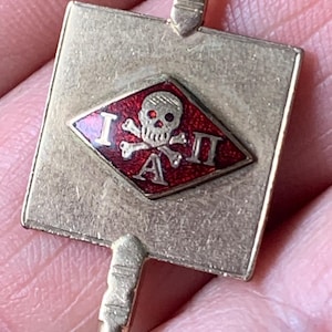 May include: A gold-colored pendant with a square top and a decorative bottom. The center features a red diamond with a skull and crossbones design, and the letters "I" and "II".