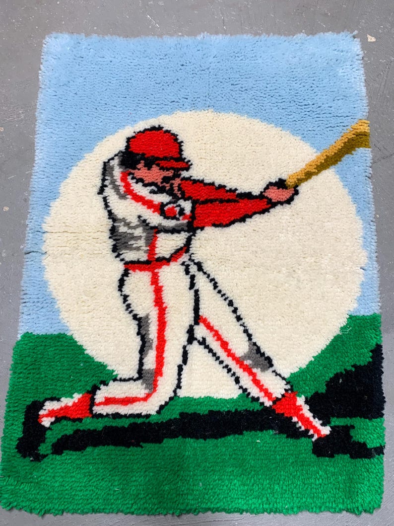 Vintage Baseball Player 1970's Shag Latch Hook Rug - Etsy