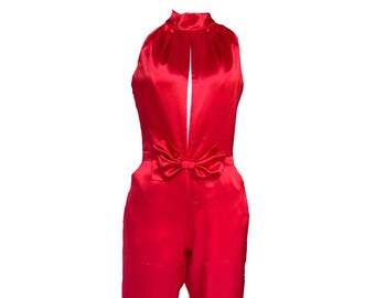 Women Red DeepV-Neck Halter Bow Waist Tapered Jumpsuit