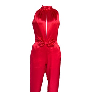 Women Red DeepV-Neck Halter Bow Waist Tapered Jumpsuit