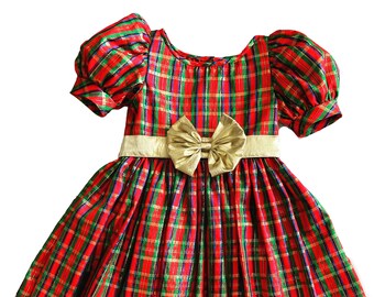 Red Puff Sleeve Plaid Tafetta Dress With Gold Bow WaistBand