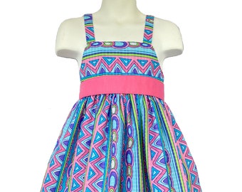 Blue Multicolored Geometric Toddler Girl Dress & Bloomer - Solid Pink Band