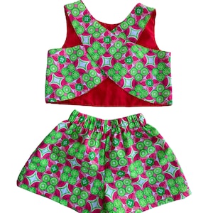 Girls&#39; Strawberry Kiwi Criss-Cross Back Cotton Short Set - Reversible Top