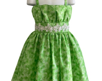 Girl Green & White Tulip Design Cotton Dress