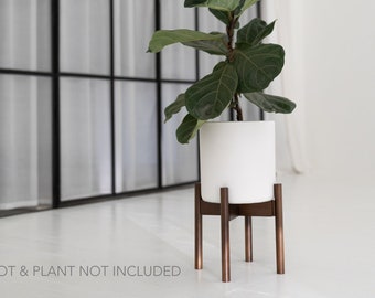 Wooden Walnut Plant Stand Modern Solid Wood Stool Mid Century Adjustable - Indoor House Plant Holder Footed - Natural Medium 11"