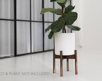 Wooden Walnut Plant Stand Modern Solid Wood Stool Mid Century Adjustable - Indoor House Plant Holder Footed - Natural Medium 11"