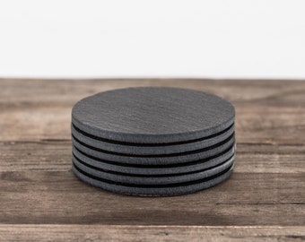 Black Stone Slate Coasters With Cork Boho Home Decor - Tableware Rock - Wedding Family Christmas Gifts Round Plain Gift for Her Set of 6