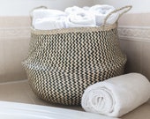 Woven Black Chevron Seagrass Basket Black Zig Zag Wicker Basket Foldable Belly Basket with Handles