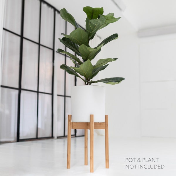 Wooden Plant Stand Modern Solid Wood Stool Mid Century Adjustable - Indoor House Plant Holder Footed - Natural Plant Rise Tall 15"
