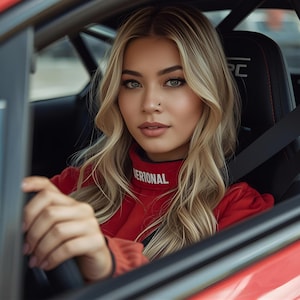 May include: A person in a red jacket with the word "ERIONAL" on the collar, seated in a red car. The person is wearing a seatbelt and holding the steering wheel. The car interior is black with a racing seat.