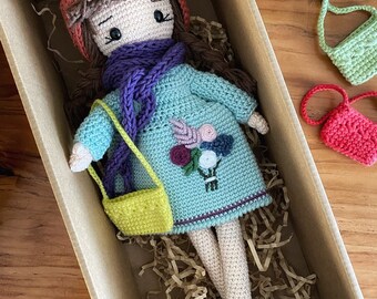 custom embroidered dress, Handmade Gift for kids, Crochet Doll for Sale, Doll for girls, gift for her, Doll with clothes, for daughter, 1st