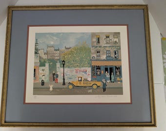 Michel Delacroix Souvenir de Paris Signed Lithograph, French Naive Art Framed