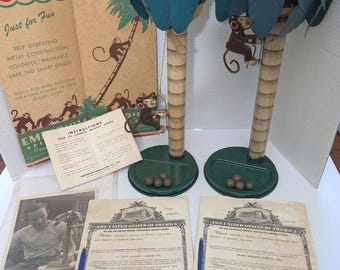 Rare 1950s Monkey Shines Climbing Toy Set with Original Patents Photos History