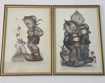 Vintage Hummel Prints Set of 2 Framed West Germany Boy Grasshopper Children