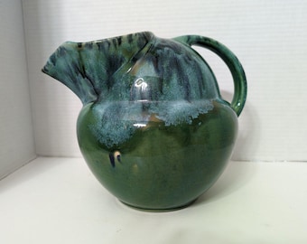 Vintage 1940s Hull Ceramic Drip Glazed Blue Green Handled Pitcher