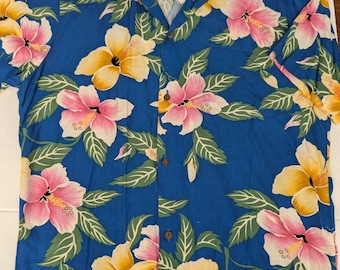 Camisa Havaiana Clássica Pineapple Juice, Tamanho Masculino, Estampa Floral Azul Tropical em Viscose, EUA