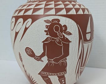 Vaso de cerâmica Acoma gravado: arte nativa americana assinada por A & V Lucario