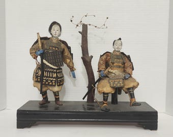 Antique 1870s Meiji Japanese Samurai Warrior Dolls Display Stand As Is