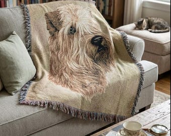 Manta de tapiz vintage Linda Picken Wheaten Terrier con flecos, de algodón, hecha en EE. UU.