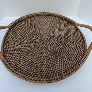 Large Round Woven Rattan Serving Tray with Solid Wood Base & Handles