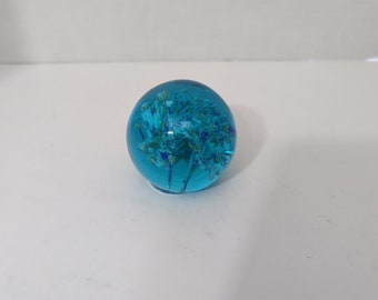 Vintage Hand Blown Aqua Art Glass Paperweight Blue & Gold Flower Scene