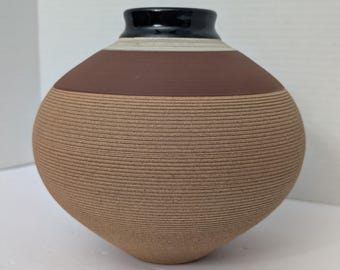 Renee Margolin Studio Pottery Vase Fine Grooved Sphere Ceramic Art Piece