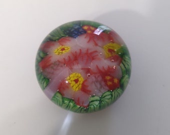 Vintage Hand Blown Glass Paperweight Inserted Yellow Floral Garden