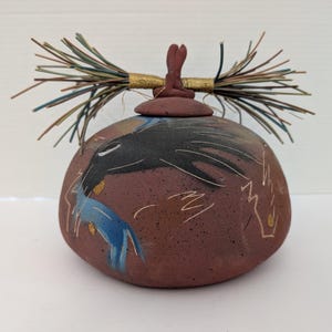 Laura Ross Studio Pottery Lidded Vessel Pine Needle Lid Raven Bird Motif Mixed Media Ceramic Jar Signed Art Pottery Southwest Decor
