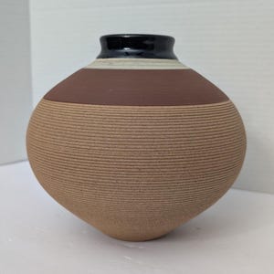 Renee Margolin Studio Pottery Vase Fine Grooved Sphere Ceramic Art Piece