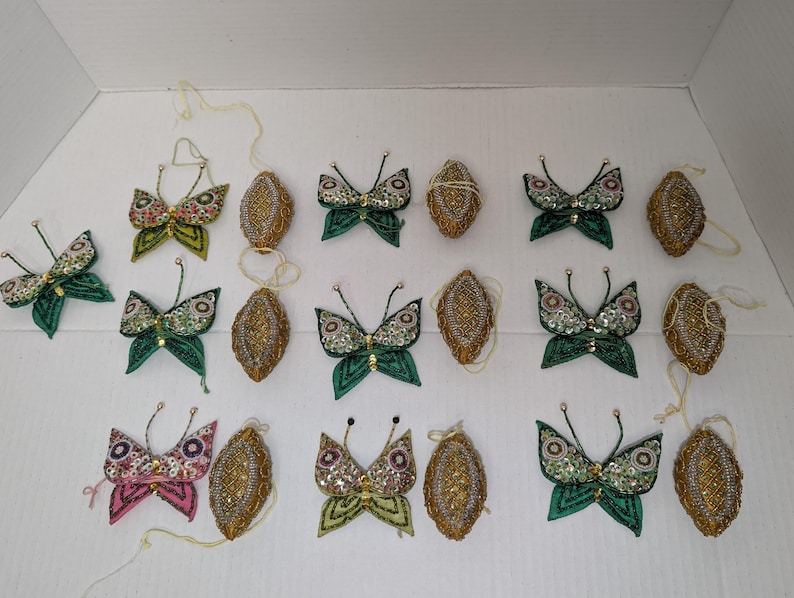 String Butterflies Hand-crafted Silk Ornaments: 10 Butterflies, 9 Chrysalises, Zardozi ...