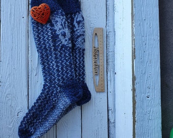 Lange Socks (35 cm hoch) für Stiefel oder Sportschuh mit Katzenmotiv blau-grau Stiefelmangette Strümpfe Gr 38-40