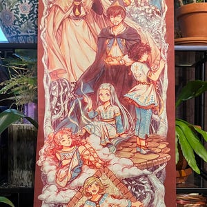 May include: A vertical wall hanging featuring a detailed illustration of five figures in fantasy attire. The artwork displays a central group with flowing robes, intricate patterns, and soft colors, framed by blue curtains and vines against a deep red background.