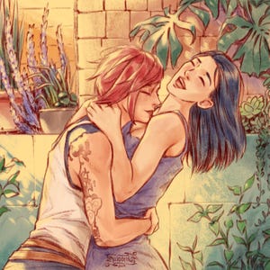 Puede incluir: Dos personas se abrazan en un cálido abrazo. La persona que está delante lleva un top azul sin mangas y tiene el pelo largo y oscuro. La persona que está detrás lleva un top blanco sin mangas y tiene el pelo corto y rojo. Ambas sonríen y parecen felices.