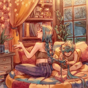May include: Illustration of two figures with blue hair, one braiding the other's hair. They are seated on a colourful cushion, with a bookshelf and window in the background. The scene has a warm, inviting atmosphere.
