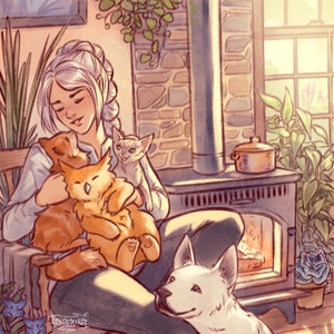 Puede incluir: Una mujer con cabello blanco se sienta en una silla con tres gatos. Lleva una camisa azul y pantalones vaqueros. Los gatos son un tabby blanco y marrón, un gato blanco con orejas marrones y un gato blanco con manchas marrones. La mujer está sosteniendo al gato tabby en sus brazos. Los gatos están mirando todos a la cámara. La mujer está sentada frente a una chimenea con una olla en la parte superior. Hay plantas en el fondo.