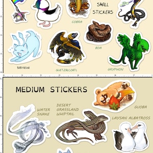 May include: A set of colorful stickers featuring various cartoon animals and creatures. The stickers are arranged in two rows, with the top row labeled "Small Stickers" and the bottom row labeled "Medium Stickers". Some of the stickers include a water snake, a desert grassland whiptail, a guoba, a laysan albatross, a meowtin jetpack, an ahir, and an Indian elephant.