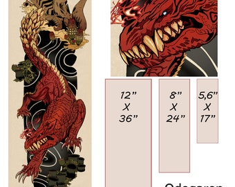 May include: A digital illustration of a red dragon with a fierce expression, set against a black and gold background. The dragon is depicted in a Japanese-inspired style, with intricate details and swirling patterns. The image includes text indicating the sizes of three different prints: 12 inches by 36 inches, 8 inches by 24 inches, and 5.6 inches by 17 inches. The text "Odogaron" is also included, along with the copyright information "Monster Hunter (c) Capcom Art by Mythee."