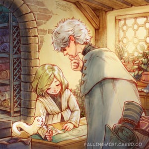 Puede incluir: Ilustración de una persona dibujando en una mesa, observada por otra. Una criatura caprichosa está sentada junto al artista. La escena está ambientada en una habitación con un arco de piedra y una ventana con plantas. La obra de arte tiene una paleta de colores cálidos.